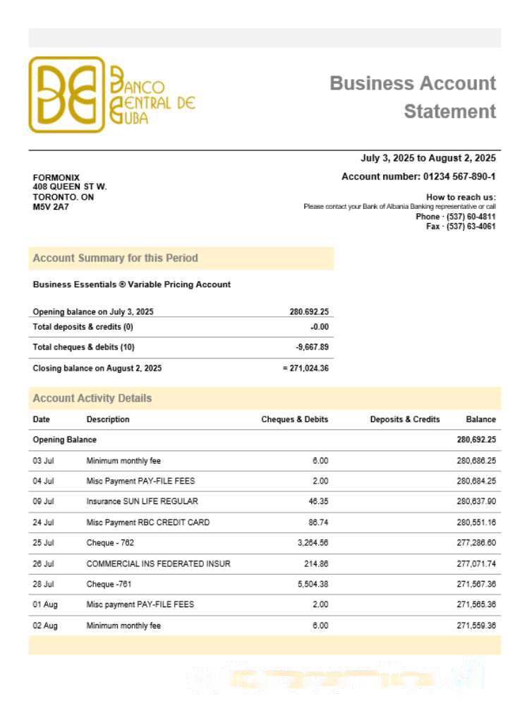 Banco Central de Cuban bank business firm account statement Word snd PDF format download template file