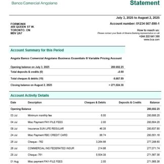 Banco Comercial Angolanno company checking account statement Word and PDF template download template file
