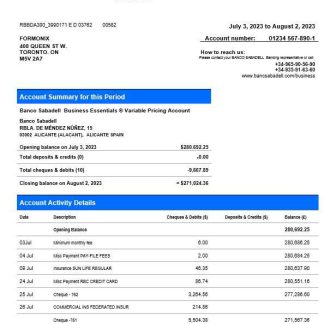 BANCO Sabadell firm statement Word and PDF template download template file