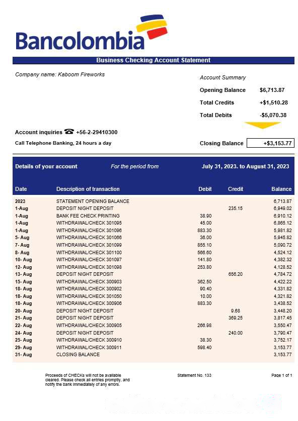 Bancolombia Bank firm statement Word and PDF template download template file