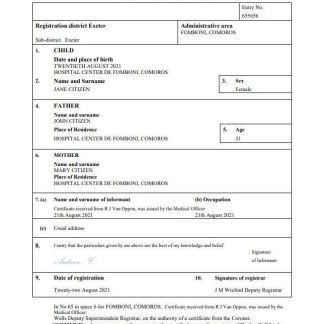 Comoros birth certificate Word and PDF template download template file