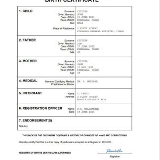 Congo vital record birth certificate Word and PDF template download template file