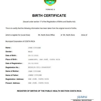 Costa Rica birth certificate Word and PDF template download template file