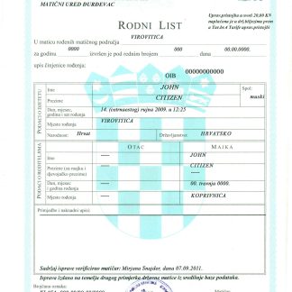 Croatia birth certificate Word and PDF template download template file