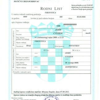 Croatia birth certificate Word and PDF template download template file