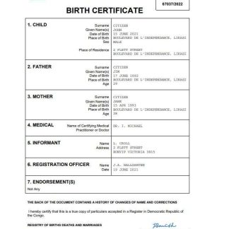 Democratic Republic of the Congo birth certificate Word and PDF template download template file