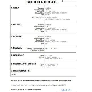 Djibouti birth certificate Word and PDF template download template file
