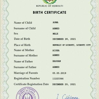 Djibouti vital record birth certificate PSD template download template file