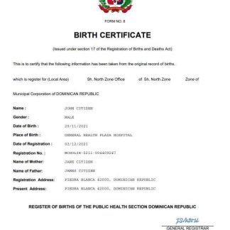 Dominican Republic birth certificate Word and PDF template download template file