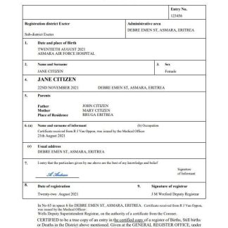 Eritrea vital record birth certificate Word and PDF template download template file