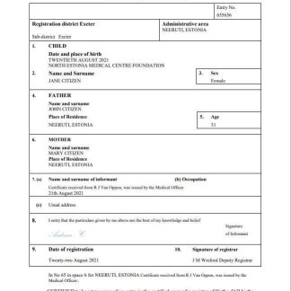 Estonia vital record birth certificate Word and PDF template download template file