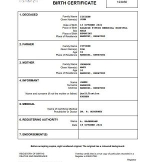 Eswatini birth certificate Word and PDF template download template file