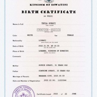 Eswatini vital record birth certificate PSD template download template file
