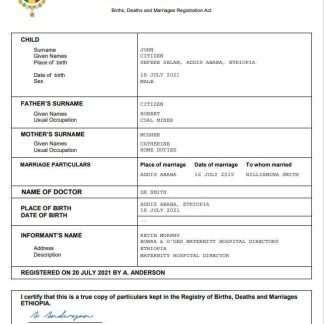 Ethiopia vital record birth certificate Word and PDF template download template file