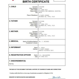 Fiji birth certificate Word and PDF template download template file
