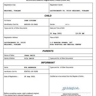 Finland vital record birth certificate Word and PDF template download template file