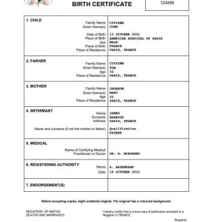 France birth certificate Word and PDF template download template file