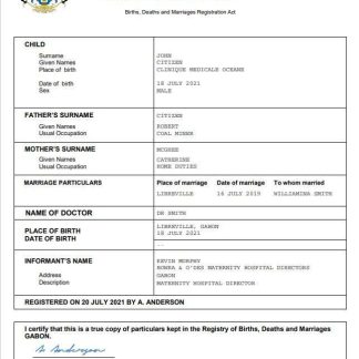 Gabon vital record birth certificate Word and PDF template download template file