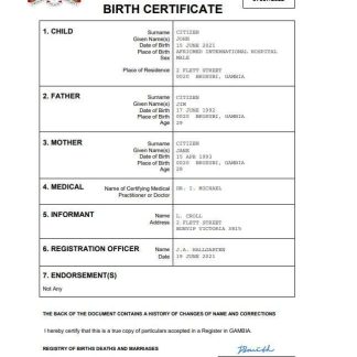 Gambia birth certificate Word and PDF template download template file