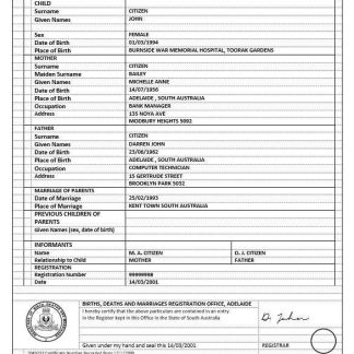 Australia Australian Capital Territory birth certificate template in Word format, version 1 download template file
