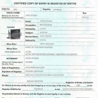 Ghana birth certificate template in PSD format download template file