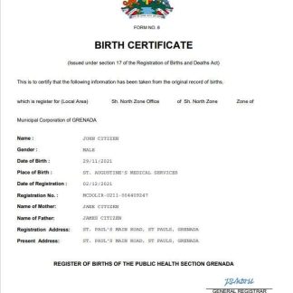 Grenada vital record birth certificate Word and PDF template download template file