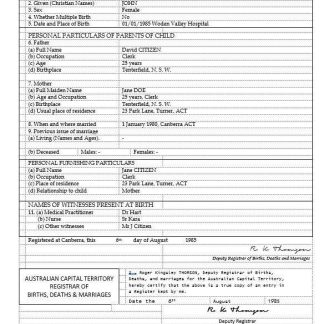 Australia Australian Capital Territory birth certificate template in Word format, version 2 download template file