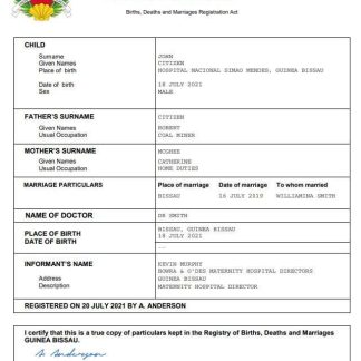 Guinea Bissau birth certificate PSD template download template file