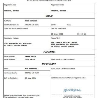 Hawaii birth certificate Word and PDF template download template file