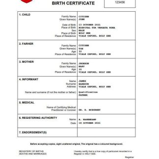 Holy See vital record birth certificate Word and PDF template download template file