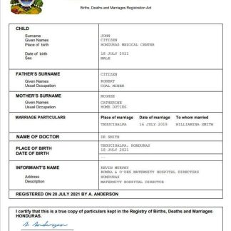 Honduras birth certificate Word and PDF template download template file