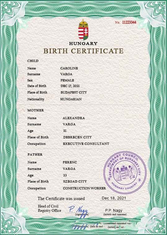 Hungary birth certificate PSD template download template file