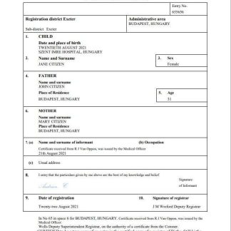 Hungary vital record birth certificate Word and PDF template download template file