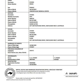 Australia Jervis Bay territory birth certificate template in Word and PDF format download template file