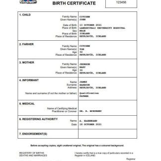 Iceland birth certificate Word and PDF download template file
