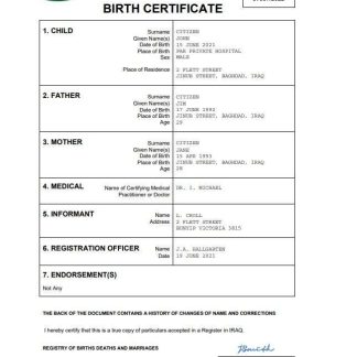 Iraq birth certificate Word and PDF template download template file