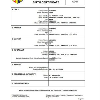 Ireland birth certificate Word and PDF template download template file