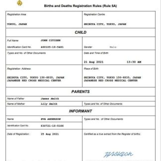 Japan birth certificate Word and PDF template, completely editable download template file