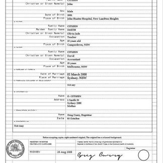Australia New South Wales birth certificate template in Word format, version 2 download template file