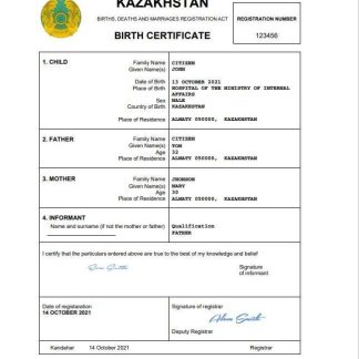Kazakhstan vital record birth certificate Word and PDF template download template file