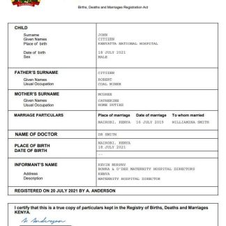 Kenya vital record birth certificate Word and PDF template download template file