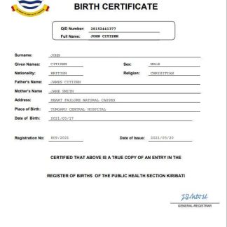 Kiribati birth certificate Word and PDF template download template file