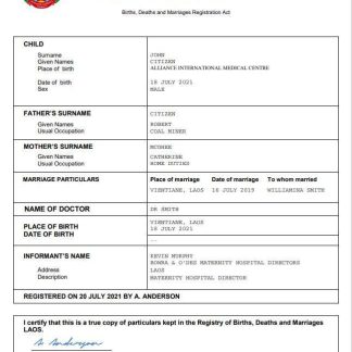 Laos birth certificate Word and PDF template download template file