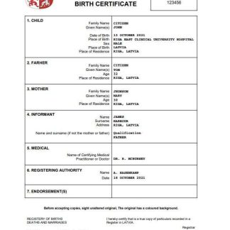 Latvia vital record birth certificate Word and PDF template download template file