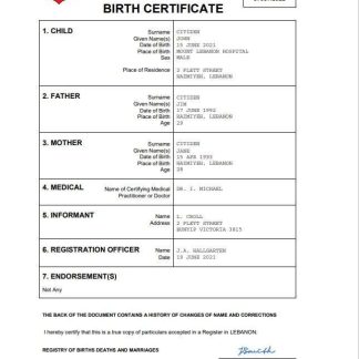 Lebanon vital record birth certificate Word and PDF template download template file