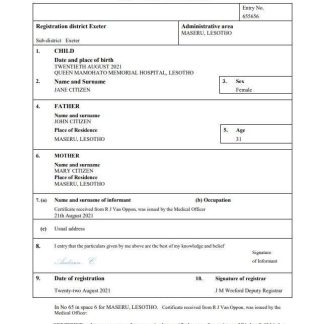 Lesotho birth certificate Word and PDF template download template file