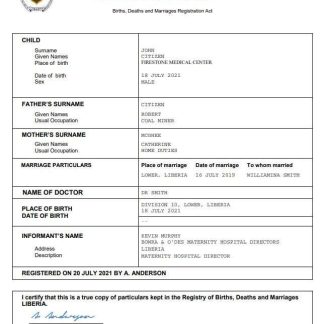 Liberia vital record birth certificate Word and PDF template download template file