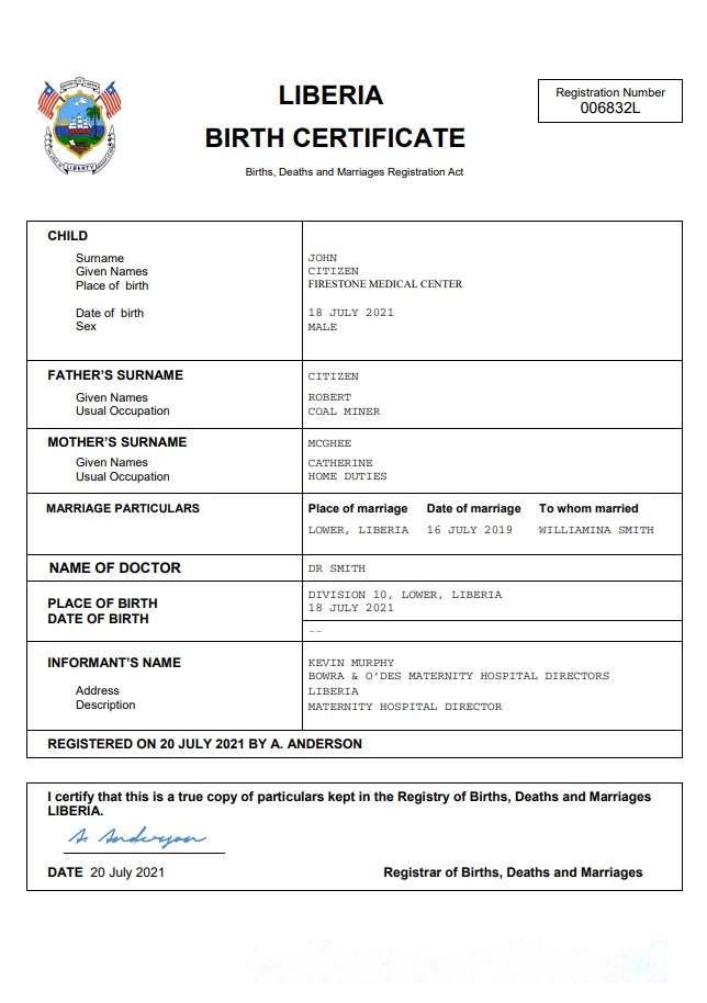 Liberia vital record birth certificate Word and PDF template download template file