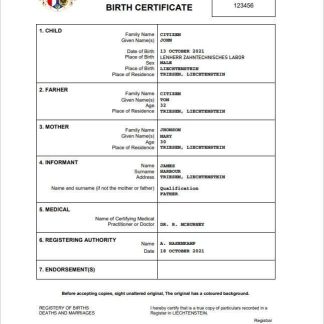 Liechtenstein vital record birth certificate Word and PDF template download template file