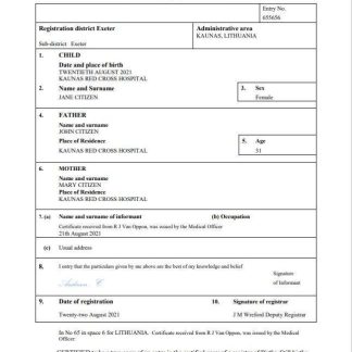 Lithuania birth certificate Word and PDF template download template file